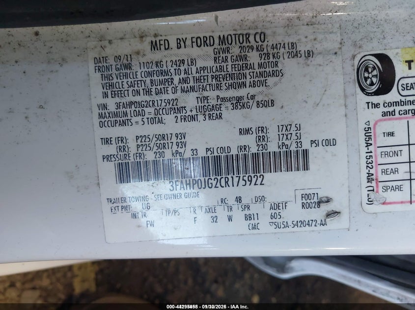 2012 FORD FUSION SEDAN 3.0L V-6 DOHC, VVT, 240HP