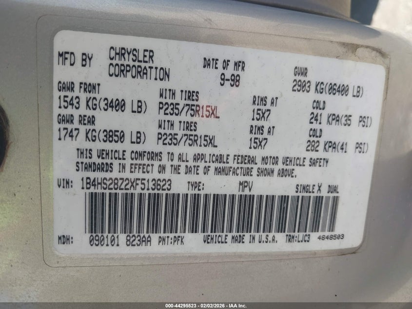 1999 Dodge Durango VIN: 1B4HS28Z2XF513623 Lot: 44295523