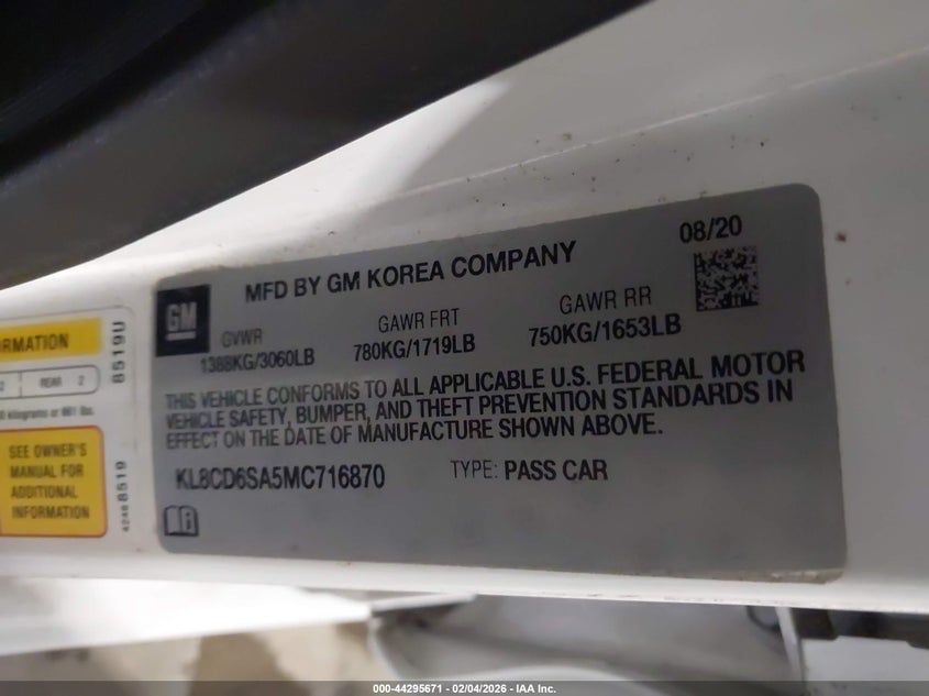 2021 Chevrolet Spark Fwd 1Lt Automatic VIN: KL8CD6SA5MC716870 Lot: 44295671