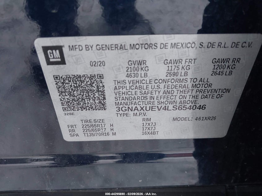 VIN 3GNAXUEV4LS654046 2020 CHEVROLET EQUINOX AWD LT 1.5L TURBO
