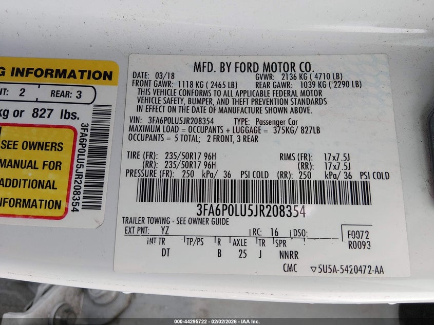VIN 3FA6P0LU5JR208354 2018 FORD FUSION HYBRID SE