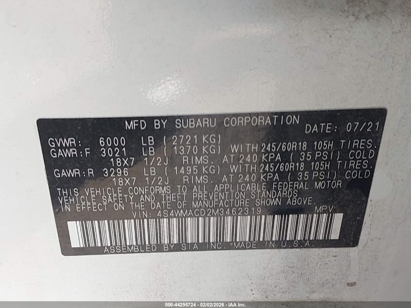 2021 Subaru Ascent Premium VIN: 4S4WMACD2M3462319 Lot: 44295724