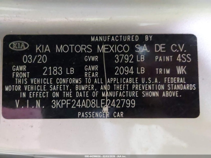 VIN 3KPF24AD8LE242799 2020 KIA FORTE LXS