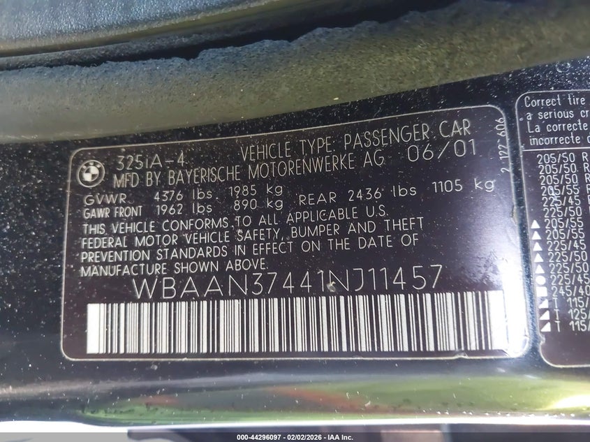 2001 BMW 325I VIN: WBAAN37441NJ11457 Lot: 44296097