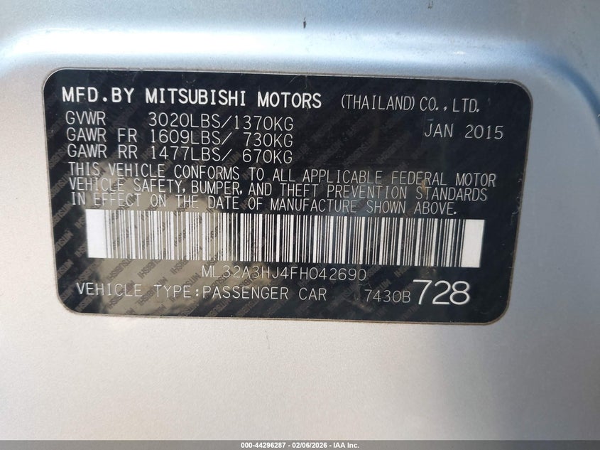 2015 Mitsubishi Mirage De VIN: ML32A3HJ4FH042690 Lot: 44296287