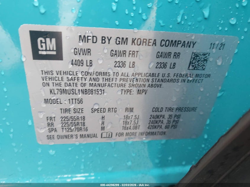 2022 Chevrolet Trailblazer Awd Rs VIN: KL79MUSL1NB081531 Lot: 44296299