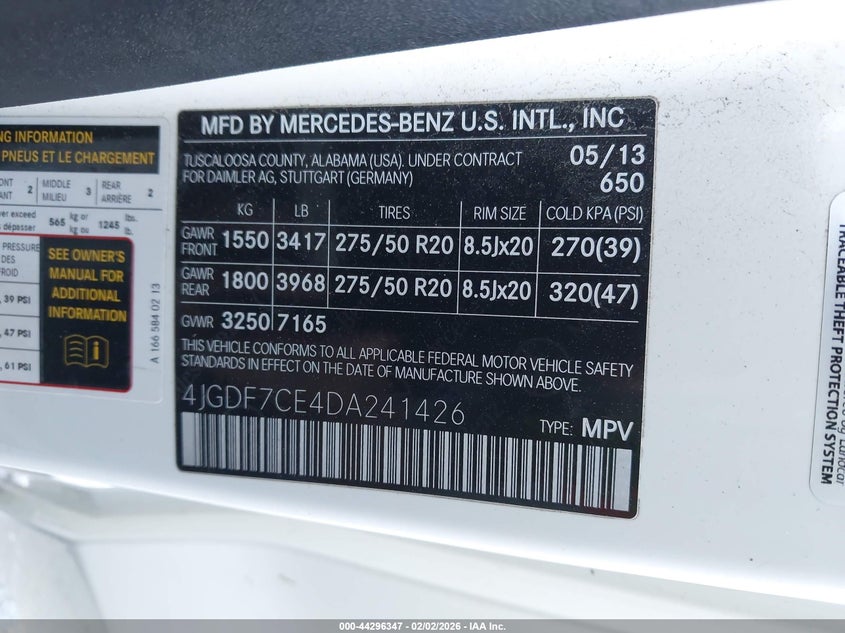 2013 Mercedes-Benz Gl 450 4Matic VIN: 4JGDF7CE4DA241426 Lot: 44296347