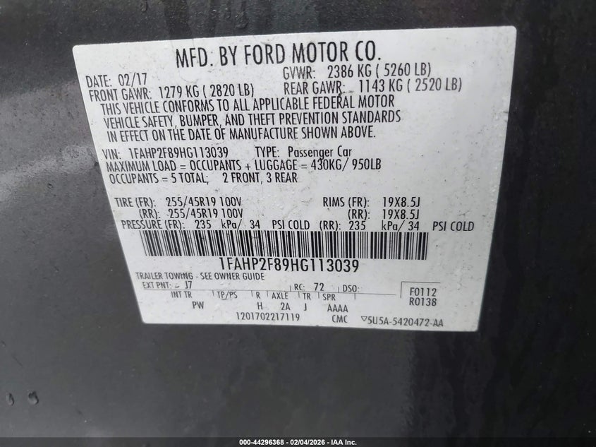2017 Ford Taurus 3.5 Limited grey Lot 111044296368 Vin 1FAHP2F89HG113039