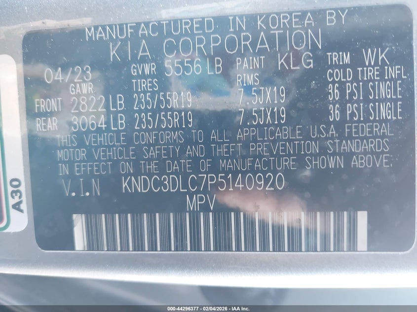 2023 Kia Ev6 Wind VIN: KNDC3DLC7P5140920 Lot: 44296377