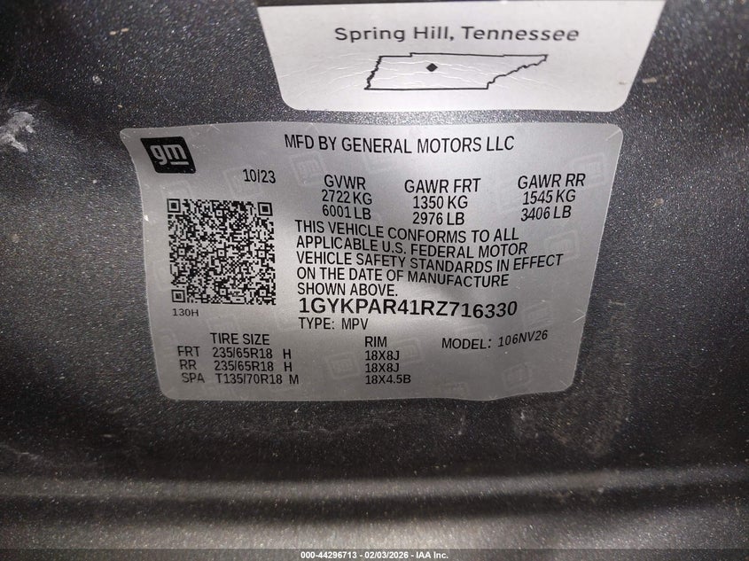 2024 Cadillac Xt6 Fwd Luxury VIN: 1GYKPAR41RZ716330 Lot: 44296713