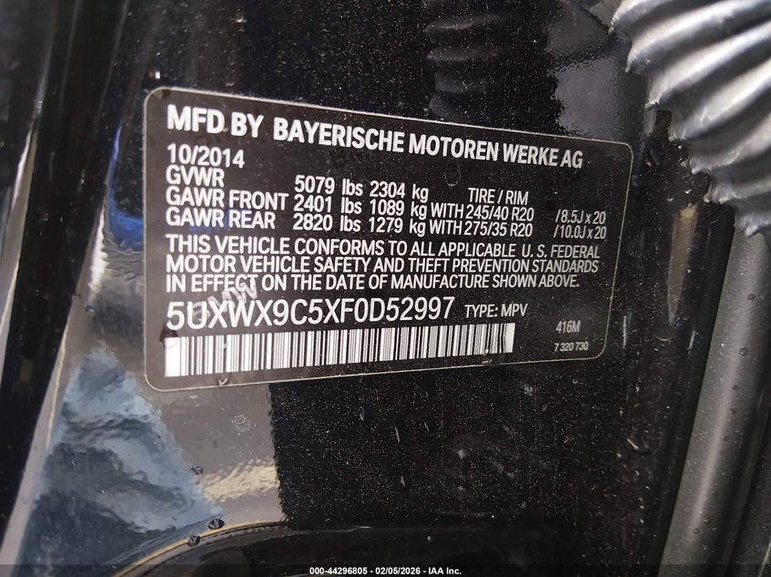 2015 BMW X3 xDrive28I VIN: 5UXWX9C5XF0D52997 Lot: 44296805