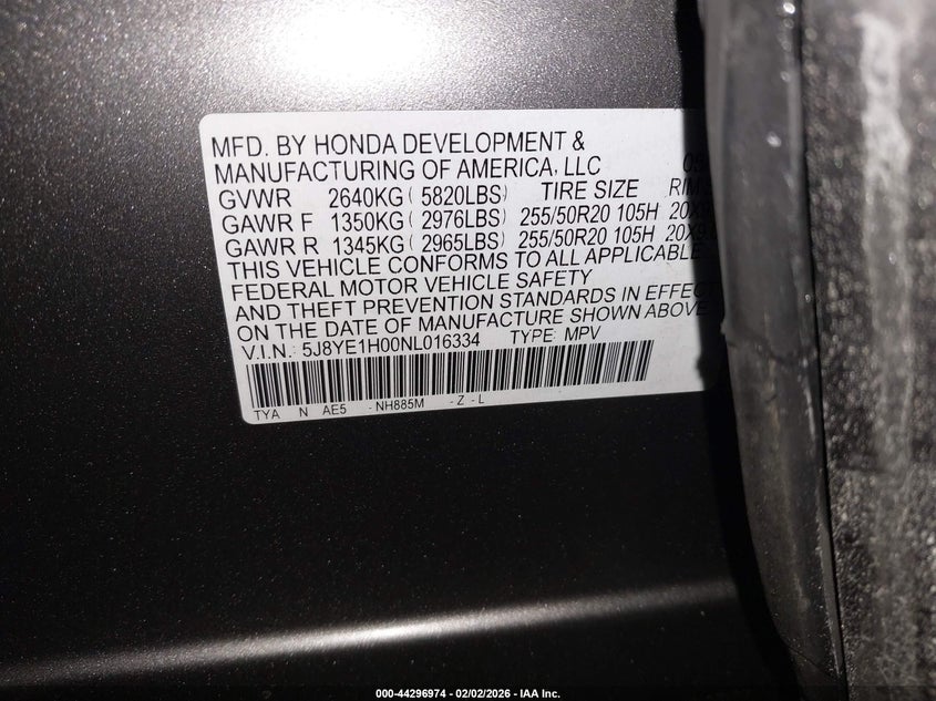 2022 Acura Mdx A-Spec Package VIN: 5J8YE1H00NL016334 Lot: 44296974