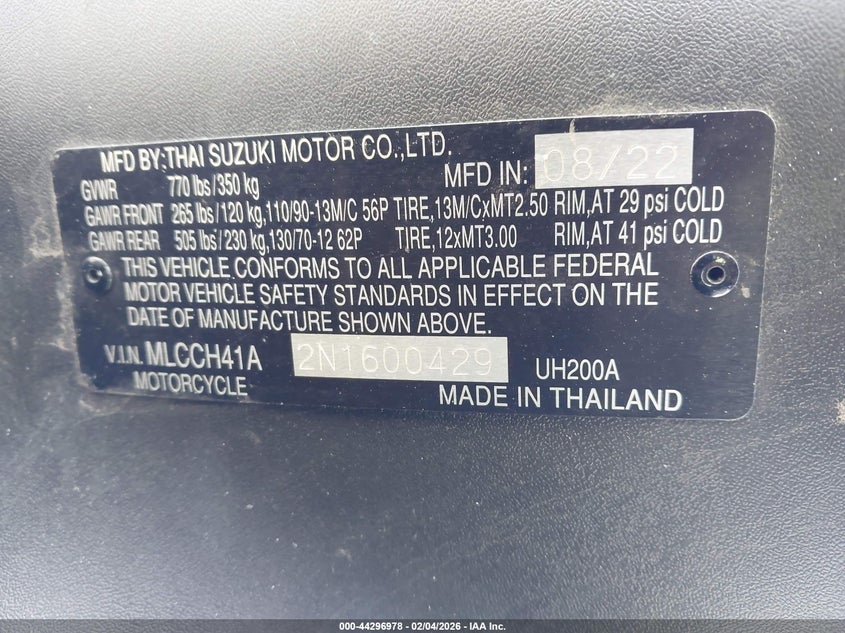 VIN MLCCH41A2N1600429 2022 SUZUKI UH200