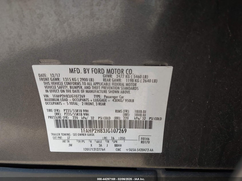 2018 Ford Taurus Sel VIN: 1FAHP2H83JG107269 Lot: 44297169