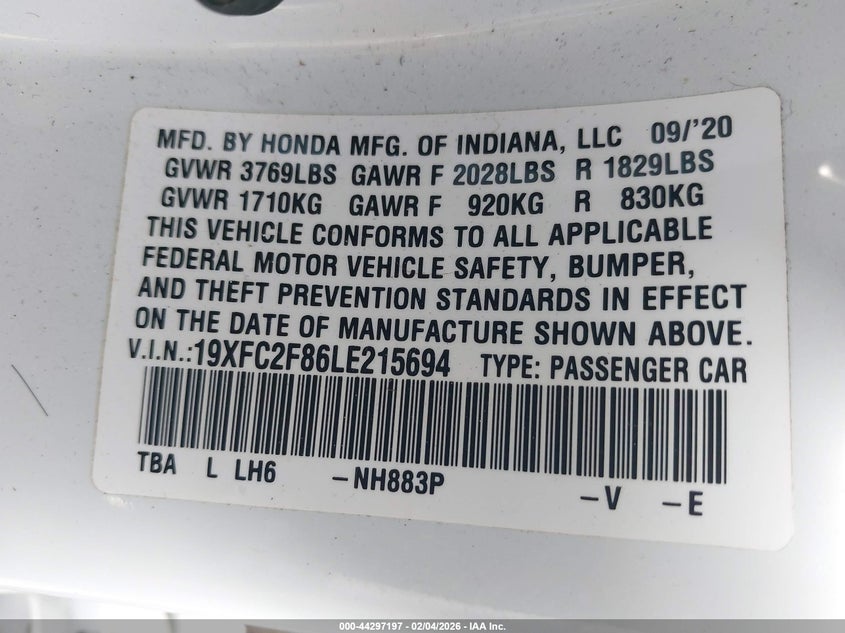 2020 Honda Civic 2.0 Sport white Lot 111044297197 Vin 19XFC2F86LE215694
