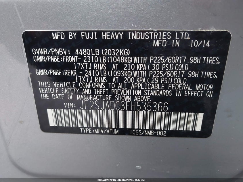 2015 Subaru Forester 2.5I Premium VIN: JF2SJADC3FH535366 Lot: 44297216