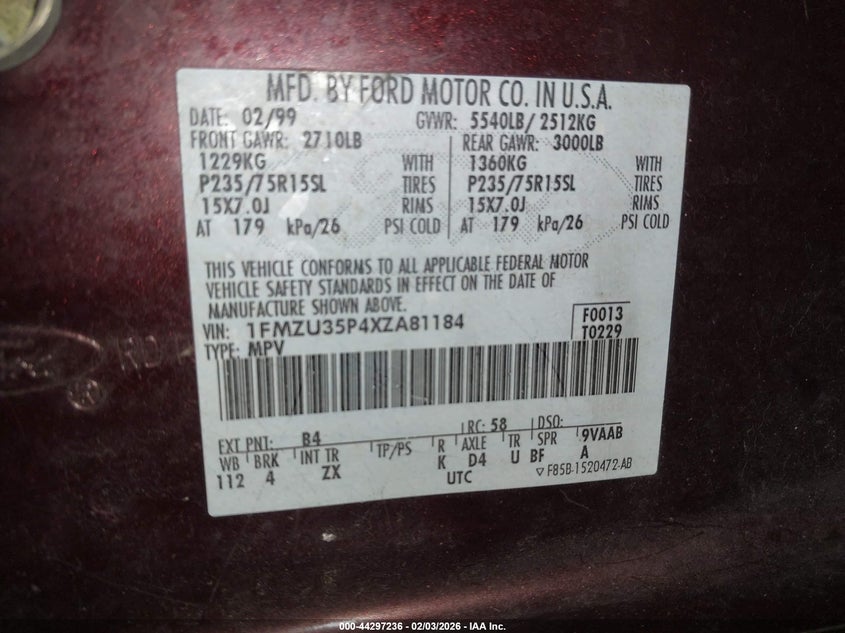 1999 Ford Explorer Eddie Bauer/Limited/Xlt VIN: 1FMDU35P4XZA81184 Lot: 44297236