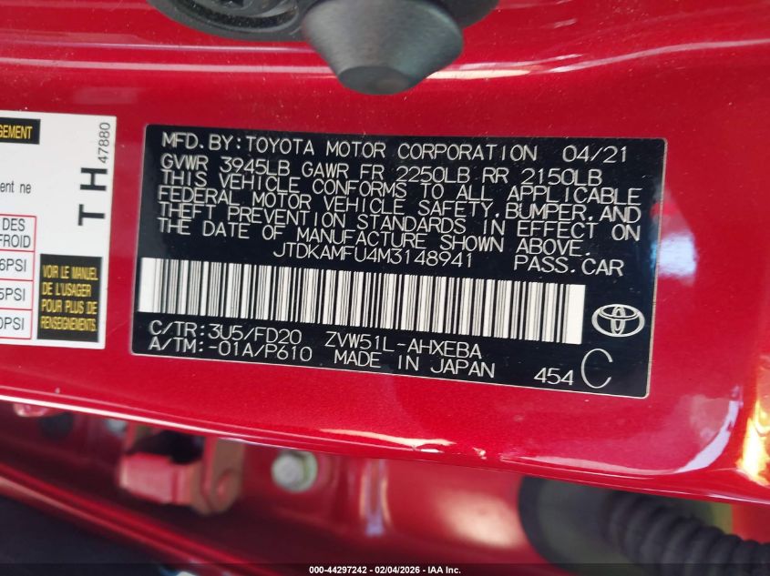 2021 Toyota Prius Le VIN: JTDKAMFU4M3148941 Lot: 44297242