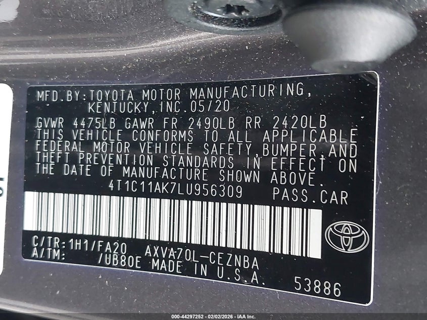 VIN 4T1C11AK7LU956309 2020 TOYOTA CAMRY LE