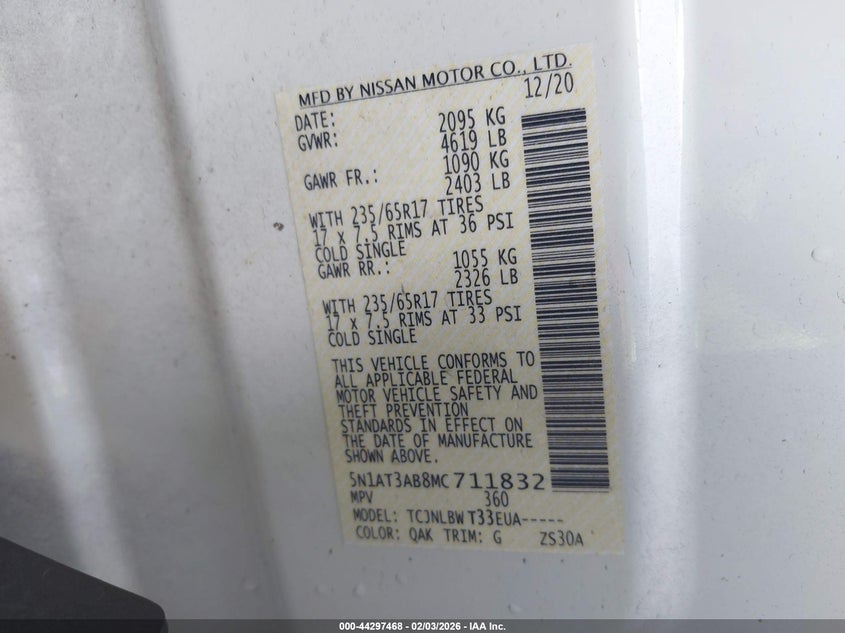 VIN 5N1AT3AB8MC711832 2021 NISSAN ROGUE S INTELLIGENT AWD