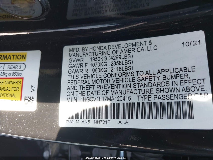 VIN 1HGCV1F17MA120416 2021 HONDA ACCORD LX