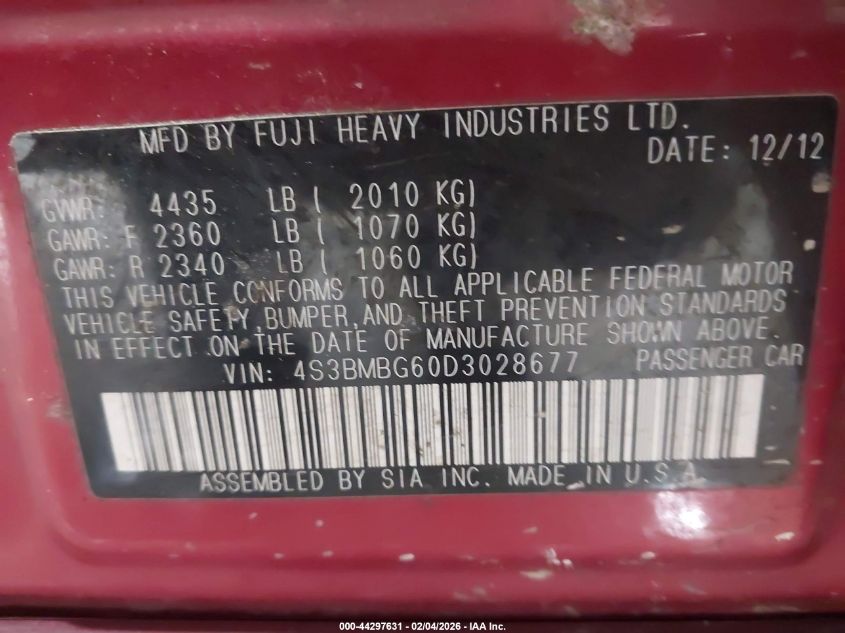 2013 Subaru Legacy 2.5I Premium VIN: 4S3BMBG60D3028677 Lot: 44297631