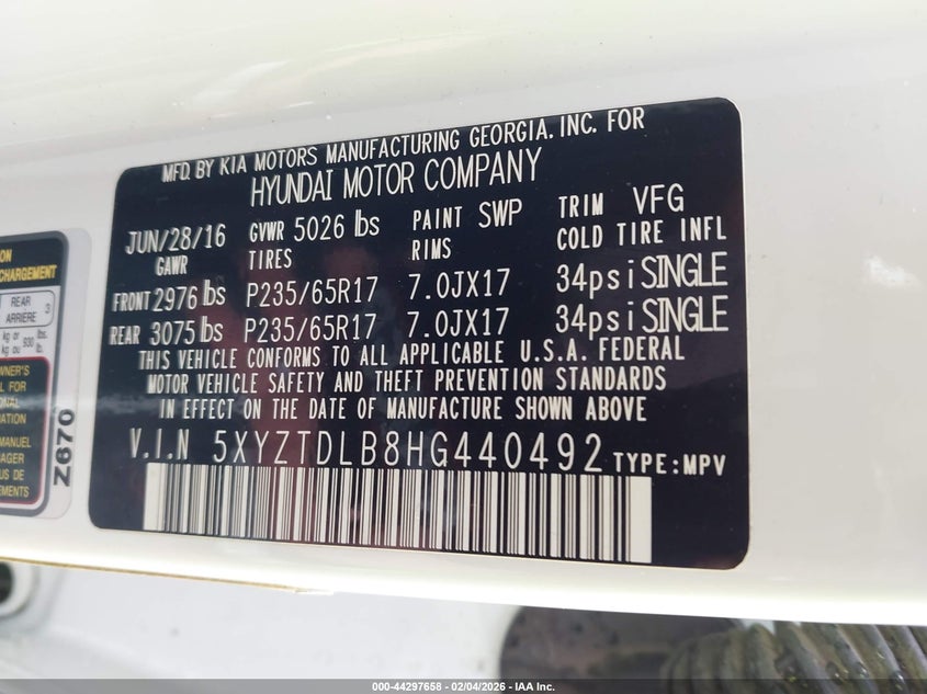 2017 Hyundai Santa Fe Sport 2.4L VIN: 5XYZTDLB8HG440492 Lot: 44297658