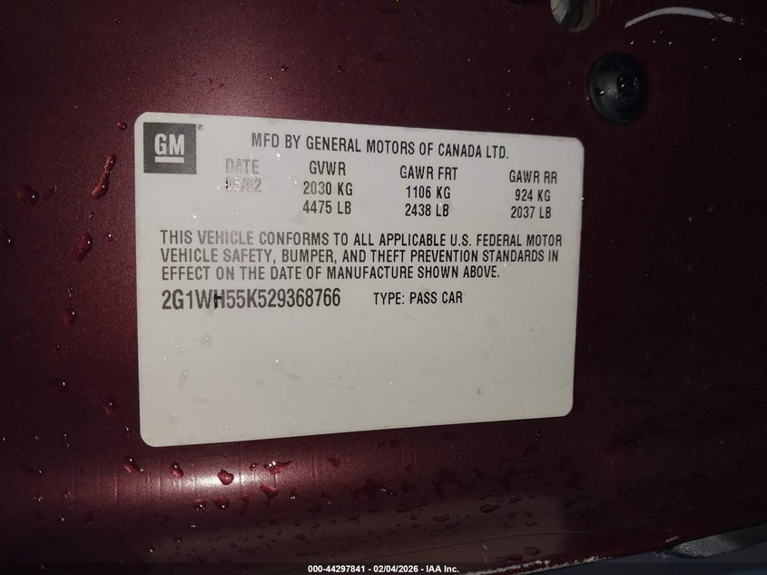2002 Chevrolet Impala Ls VIN: 2G1WH55K529368766 Lot: 44297841