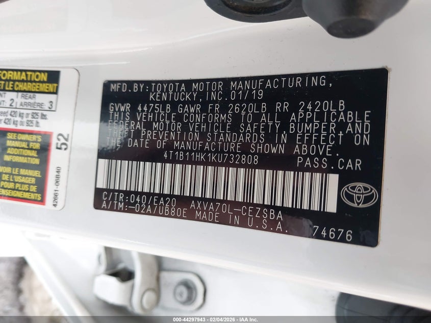 2019 Toyota Camry Se VIN: 4T1B11HK1KU732808 Lot: 44297943
