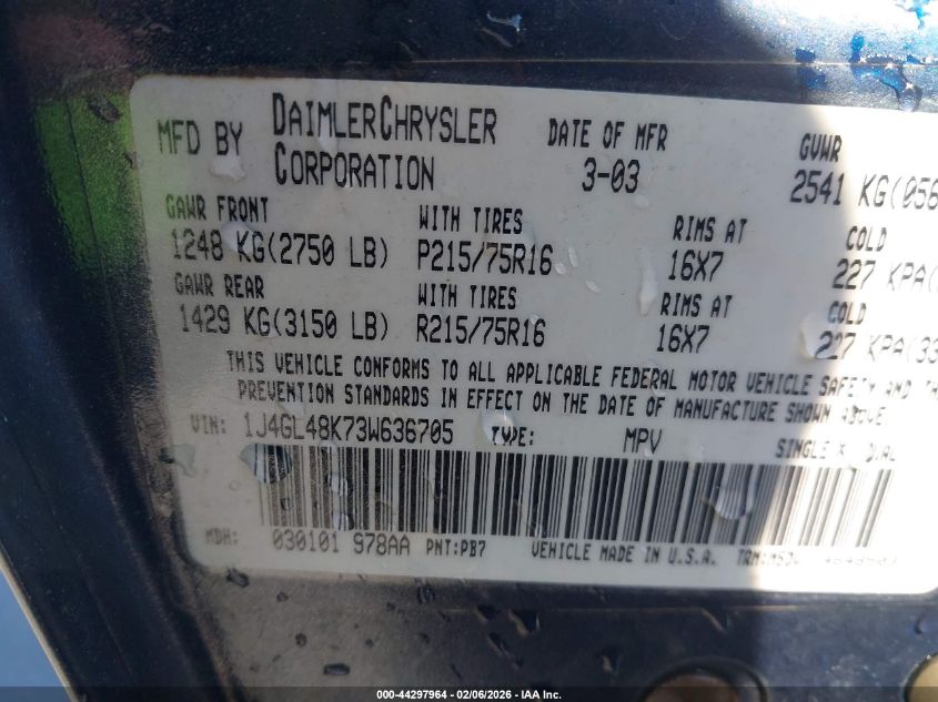 2003 Jeep Liberty Sport VIN: 1J4GL48K73W636705 Lot: 44297964