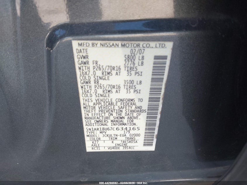 2007 Nissan Pathfinder Se VIN: 5N1AR18U67C634165 Lot: 44298592