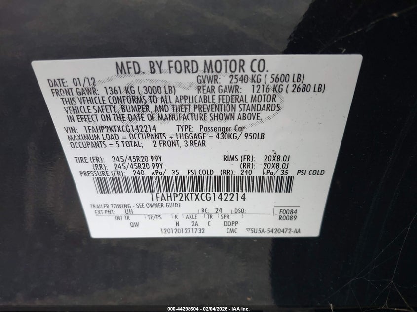 2012 Ford Taurus 3.5 Sho black Lot 111044298604 Vin 1FAHP2KTXCG142214