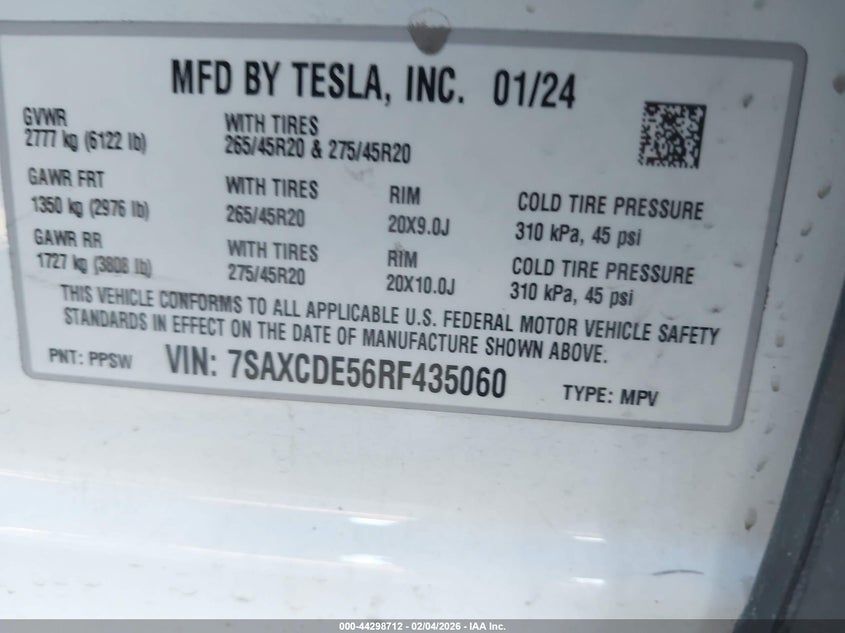 VIN 7SAXCDE56RF435060 2024 TESLA MODEL X LONG RANGE