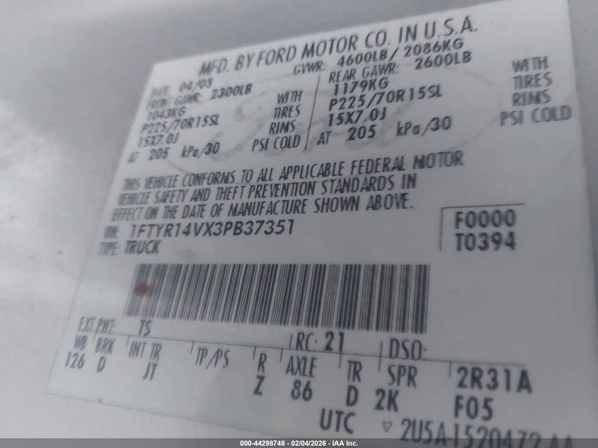 2003 Ford Ranger Edge/Tremor/Xl/Xlt VIN: 1FTYR14VX3PB37351 Lot: 44298746