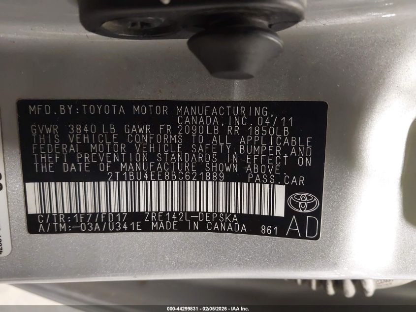 2011 Toyota Corolla S VIN: 2T1BU4EE8BC621889 Lot: 44299831