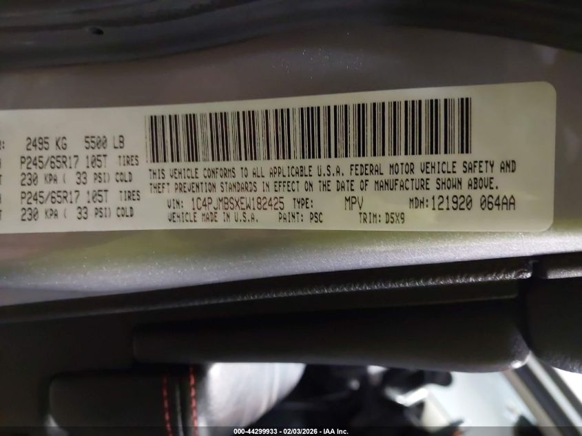 2014 Jeep Cherokee Trailhawk VIN: 1C4PJMBSXEW182425 Lot: 44299933