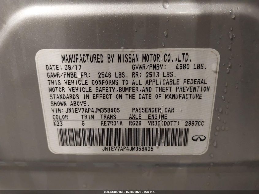 2018 Infiniti Q50 3.0T Sport VIN: JN1EV7AP4JM358405 Lot: 44300168