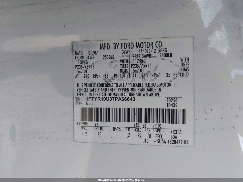 2007 Ford Ranger Sport/Stx/Xl/Xlt VIN: 1FTYR10U37PA66643 Lot: 44300455