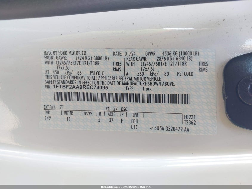 2024 FORD F-250 6.8L V-8 VVT, 405HP(VIN: 1FTBF2AA9REC74095
