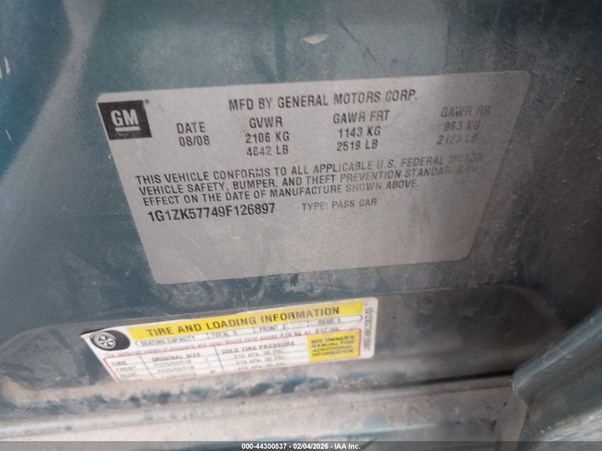 2009 Chevrolet Malibu Ltz VIN: 1G1ZK57749F126897 Lot: 44300537