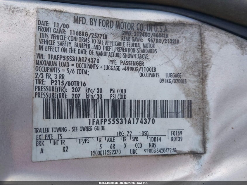 2001 Ford Taurus Ses VIN: 1FAFP55S31A174370 Lot: 44300556