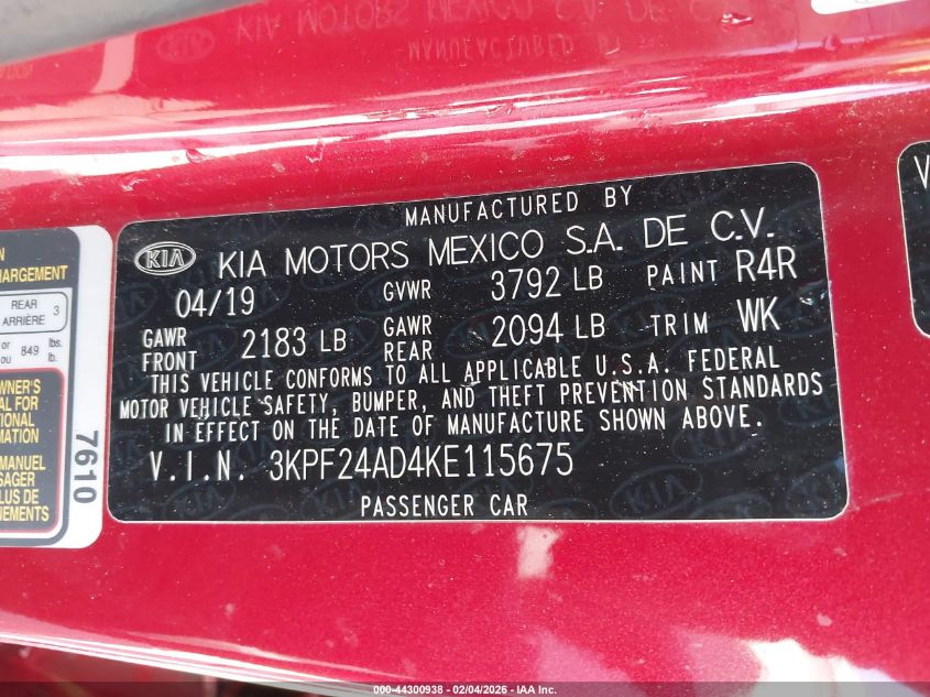 2019 Kia Forte Lxs VIN: 3KPF24AD4KE115675 Lot: 44300938