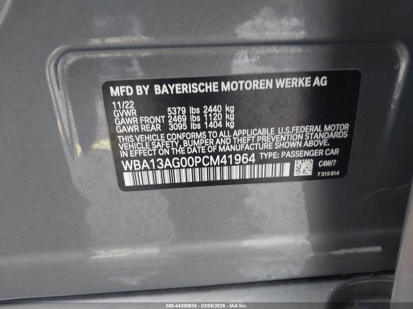 2023 BMW 530E VIN: WBA13AG00PCM41964 Lot: 44300958