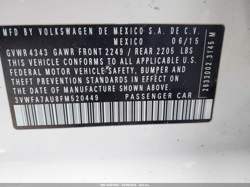 2015 Volkswagen Golf Sportwagen Tdi S 4-Door VIN: 3VWFA7AU8FM520449 Lot: 44301003