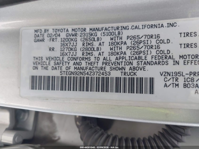 2004 Toyota Tacoma Prerunner V6 VIN: 5TEGN92N54Z372453 Lot: 44301048