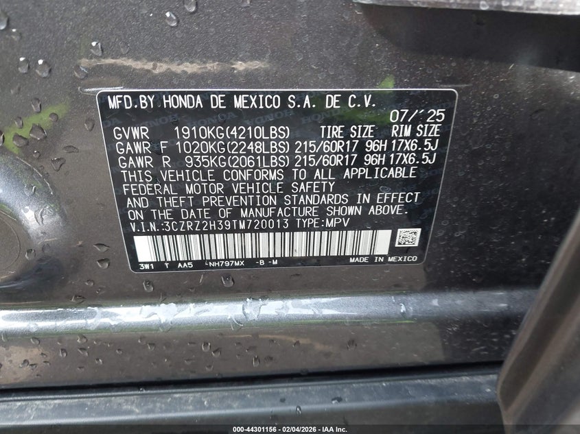 VIN 3CZRZ2H39TM720013 2026 HONDA HR-V AWD LX