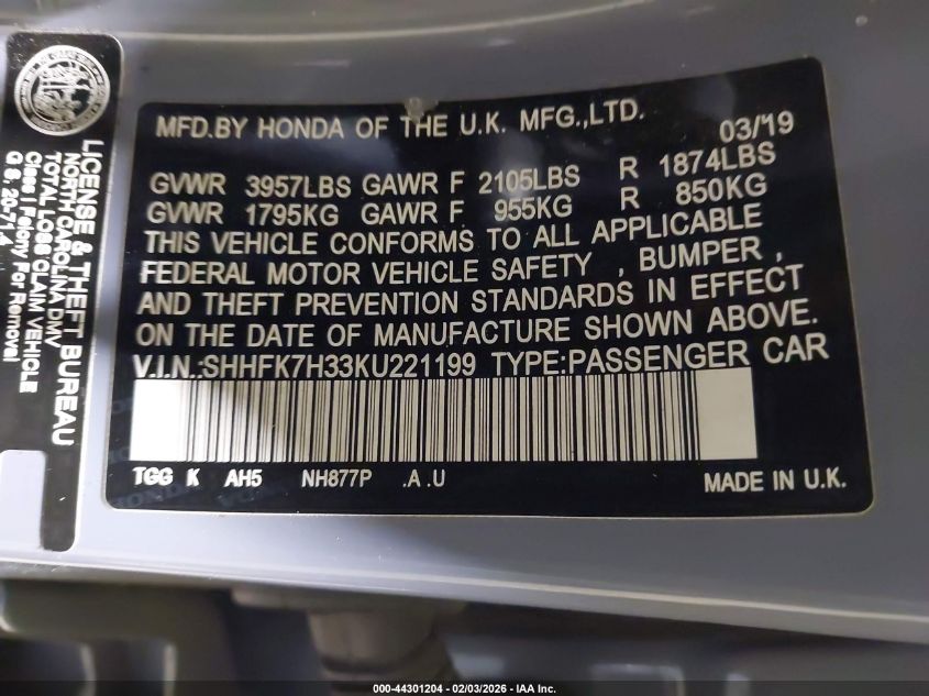 2019 Honda Civic Lx VIN: SHHFK7H33KU221199 Lot: 44301204
