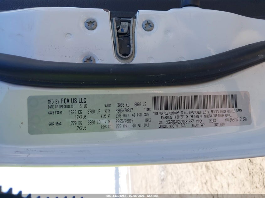 2016 Ram 1500 Tradesman VIN: 1C6RR6KG3GS361027 Lot: 44301258