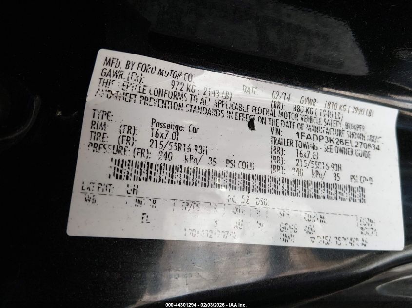 2014 Ford Focus Se VIN: 1FADP3K26EL270634 Lot: 44301294