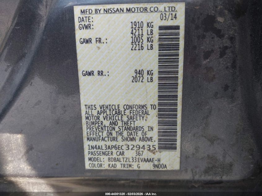 2014 Nissan Altima 2.5 Sv VIN: 1N4AL3AP6EC329435 Lot: 44301328